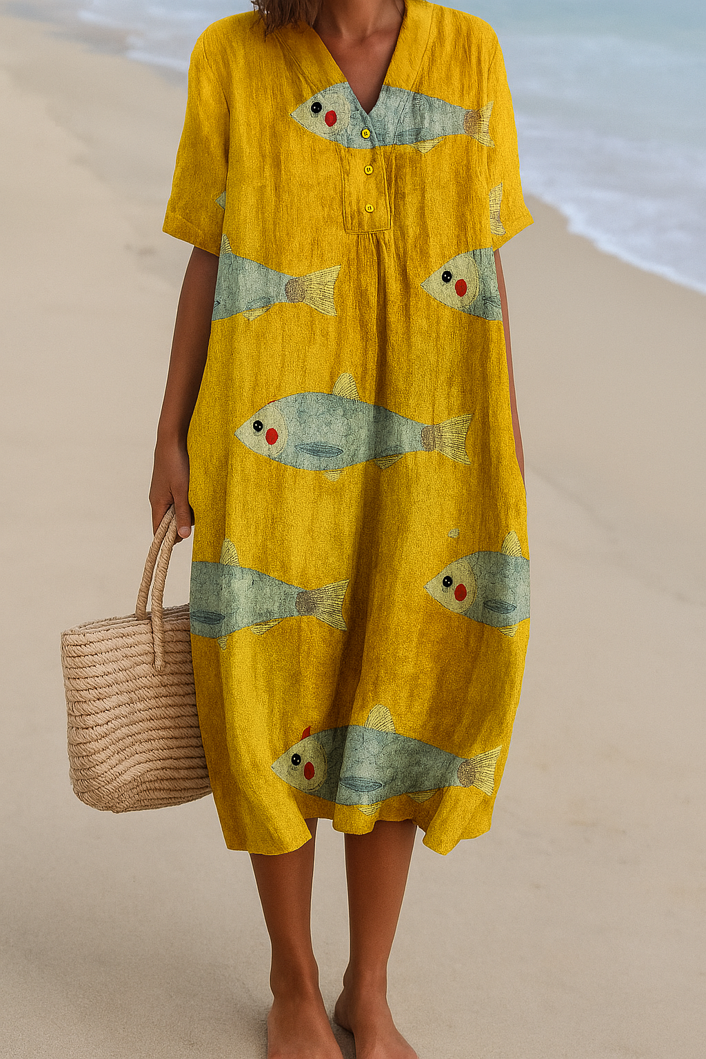 Marisol | Vestido Midi Amarillo con Estampado de Peces