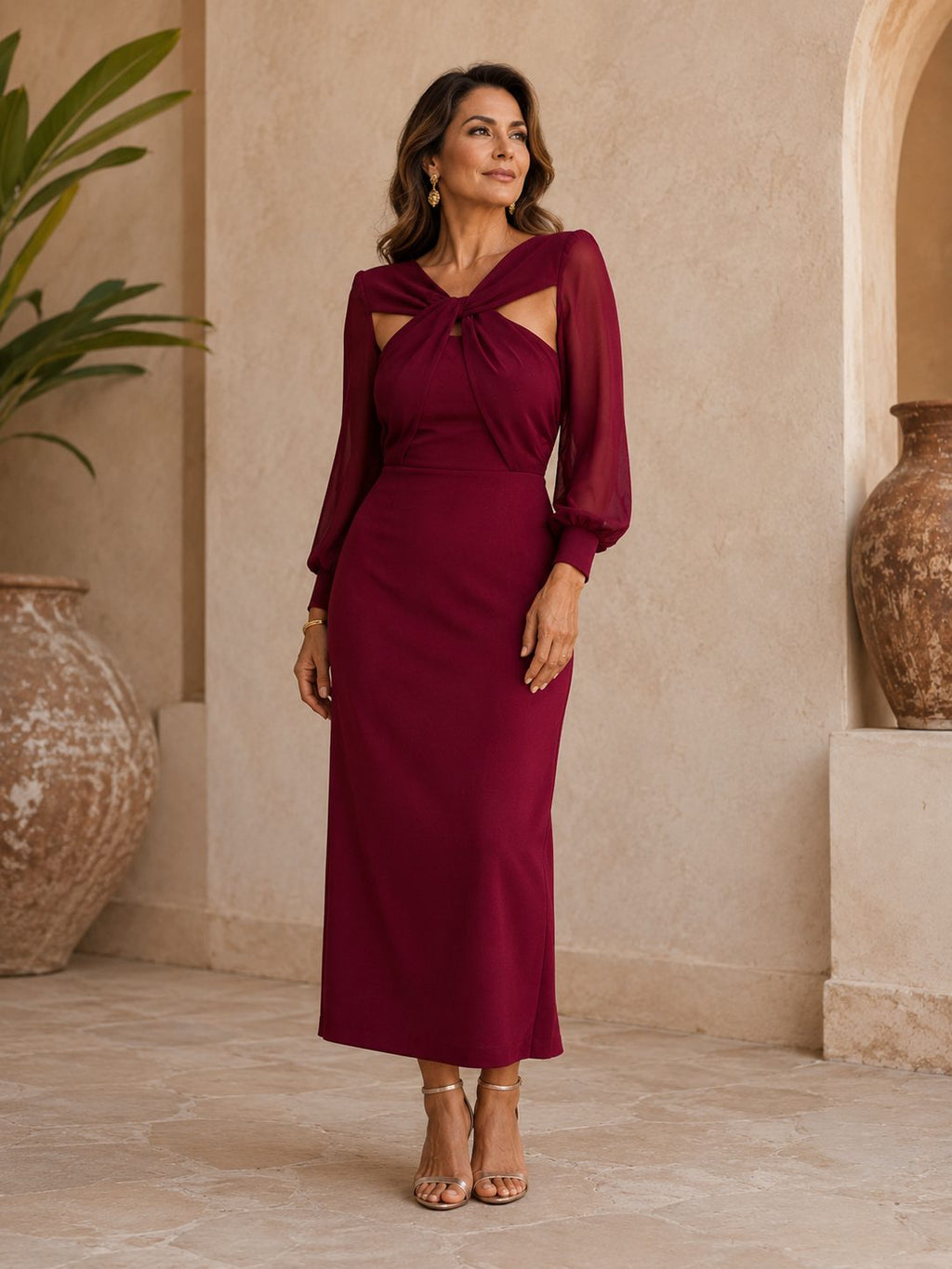 Inés | Vestido Midi con Nudo y Manga Larga