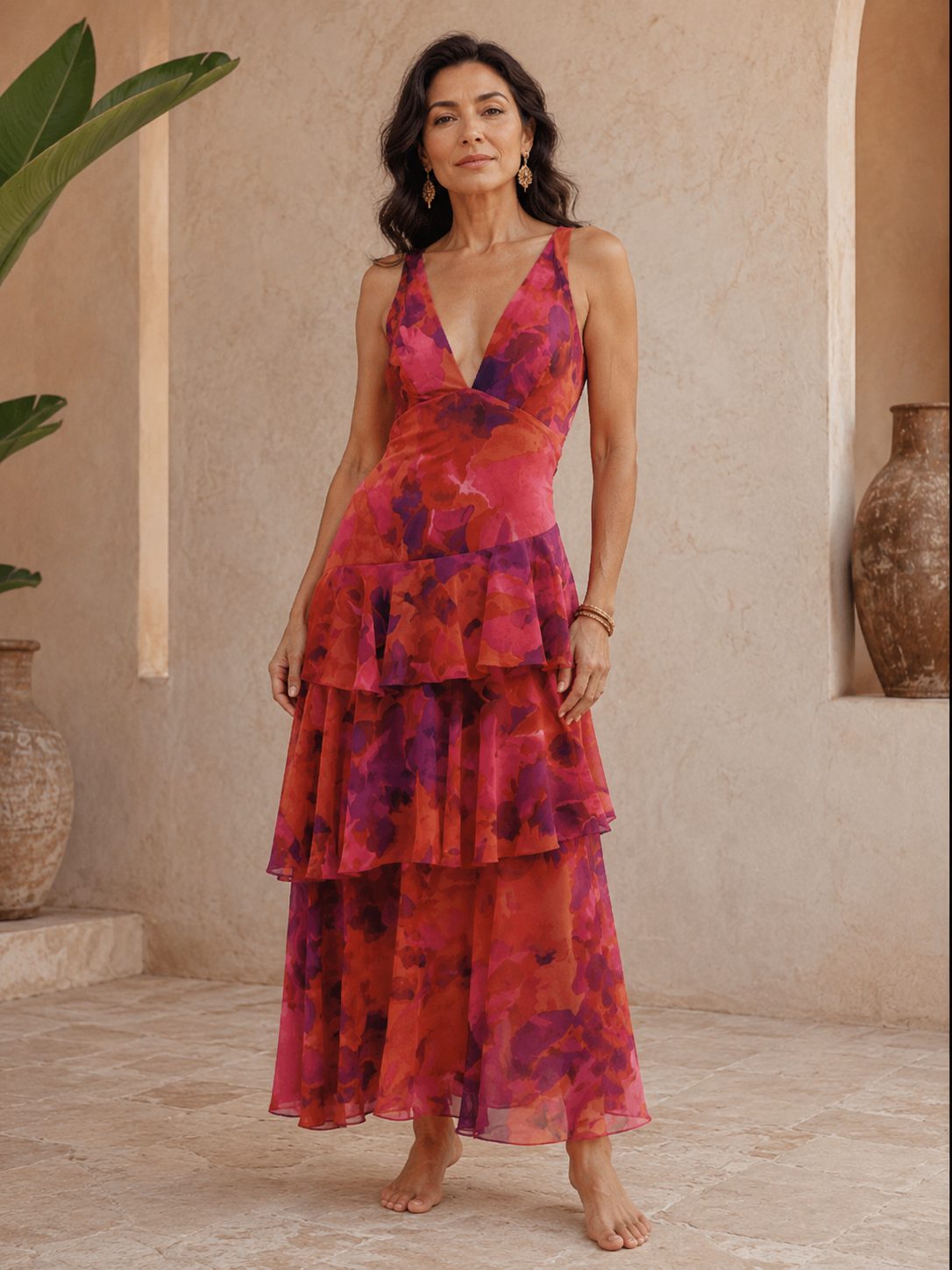Andrea | Vestido Midi Estampado con Capas